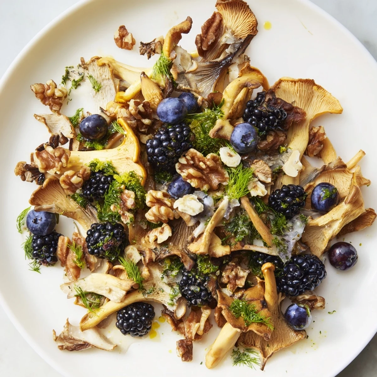 A visually appealing Northwest Forest Forager salad, featuring sautéed mushrooms, toasted nuts, and fresh berries.