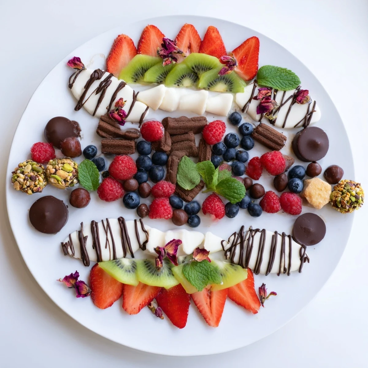 Sweet Dessert Decadence dessert platter with an array of fresh fruits and drizzled rich chocolate.
