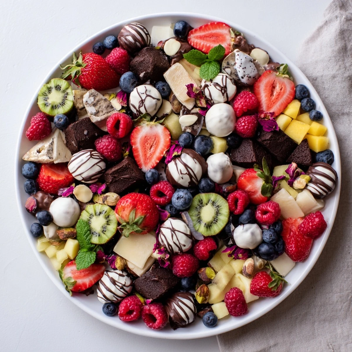 Beautiful arrangement of a Sweet Dessert Decadence, enhanced with melted chocolate over berries and sweets.