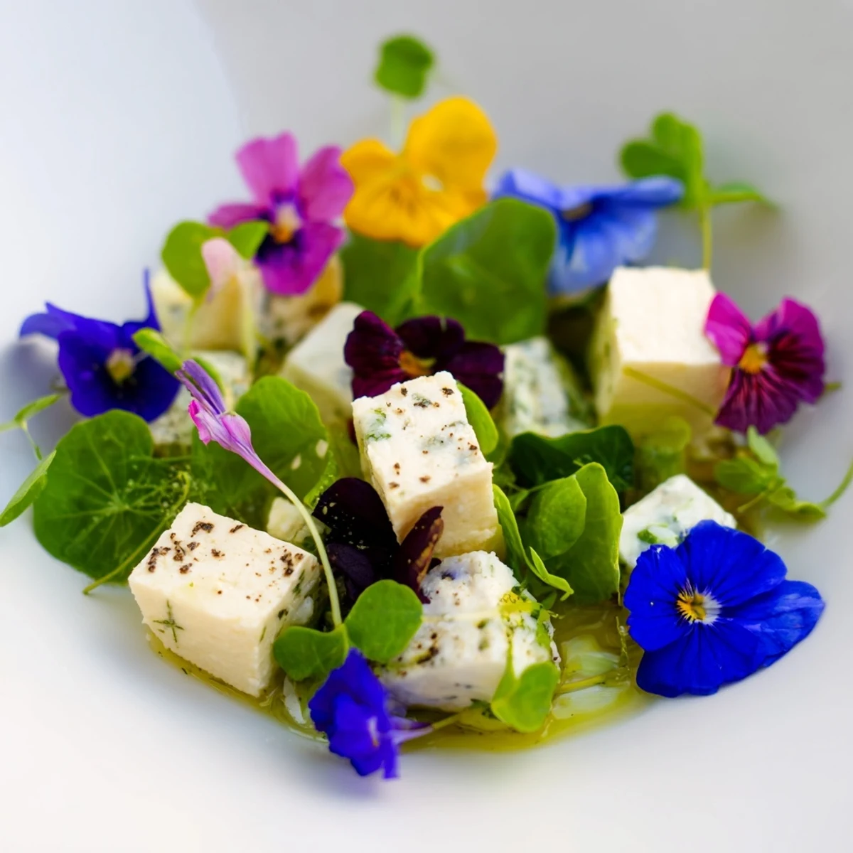 Delicate cheeses nestled in a colorful The Secret Garden arrangement, bursting with flavors and edible blooms, ready to enjoy.