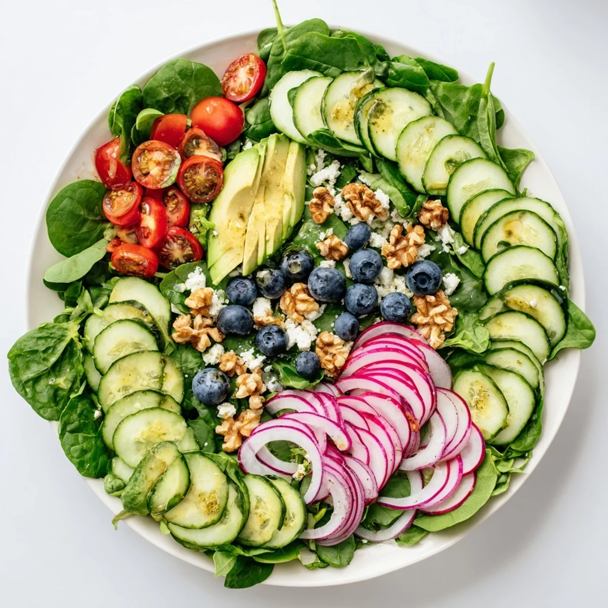 Vibrant Fibonacci Fan Salad with fresh greens, tomatoes, avocado, and tangy lemon dressing.