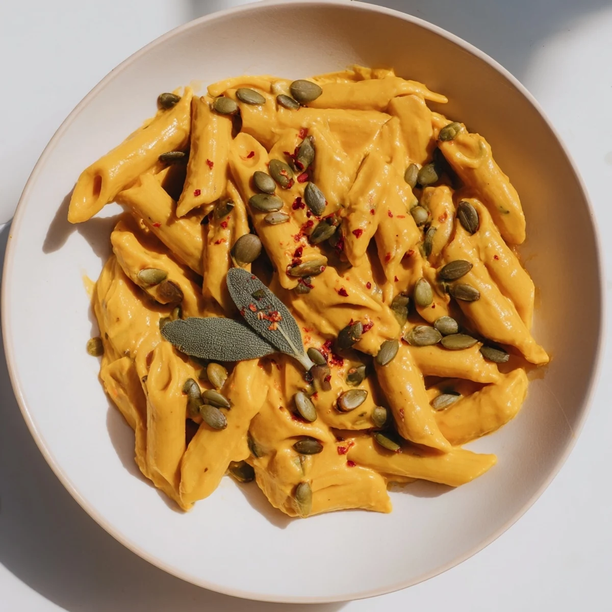 A bowl of creamy vegan pumpkin pasta, garnished with toasted seeds, ready to eat.
