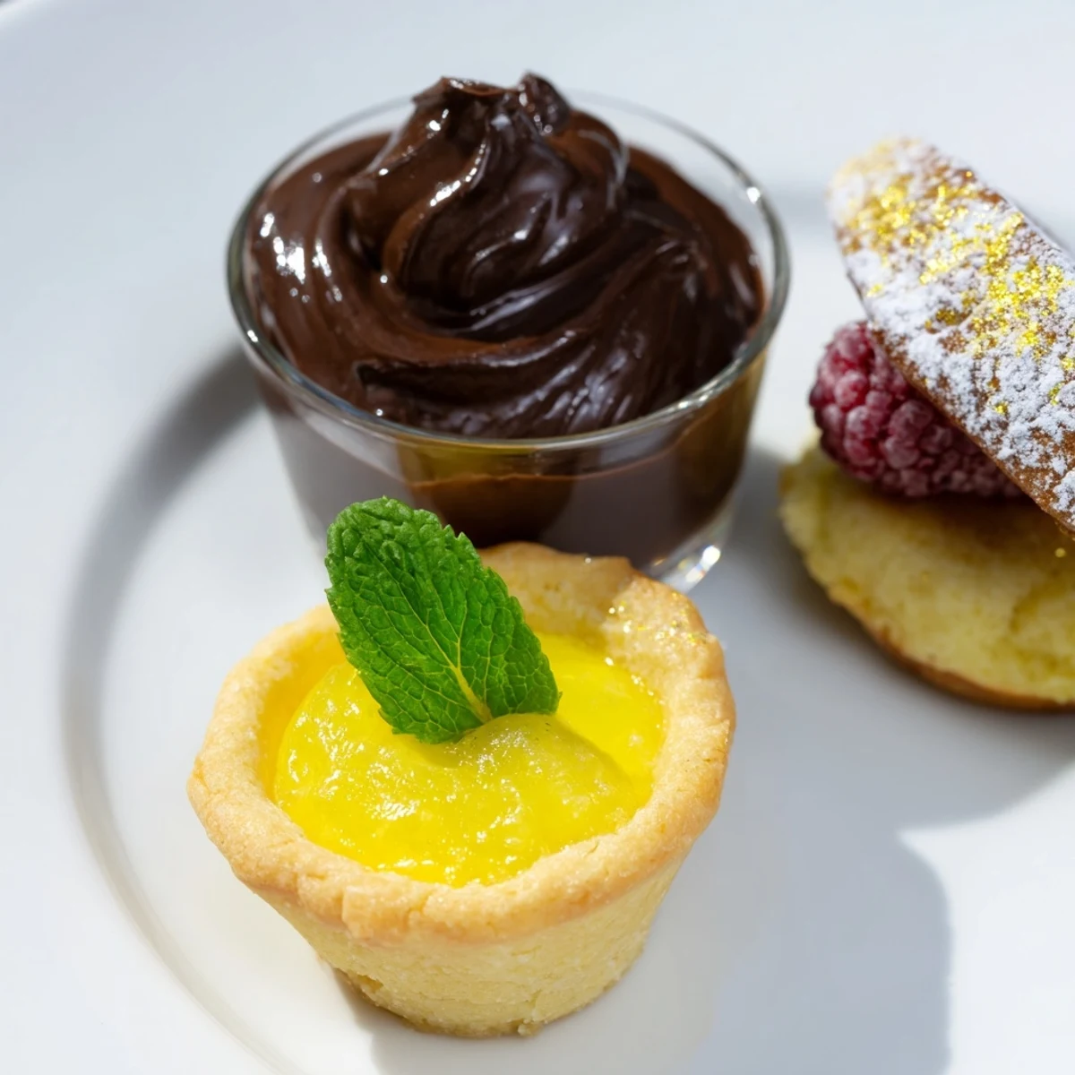 Golden edible dust enhances this Assiette de Desserts Starry Delight, offering a delightful bite with fresh berries.