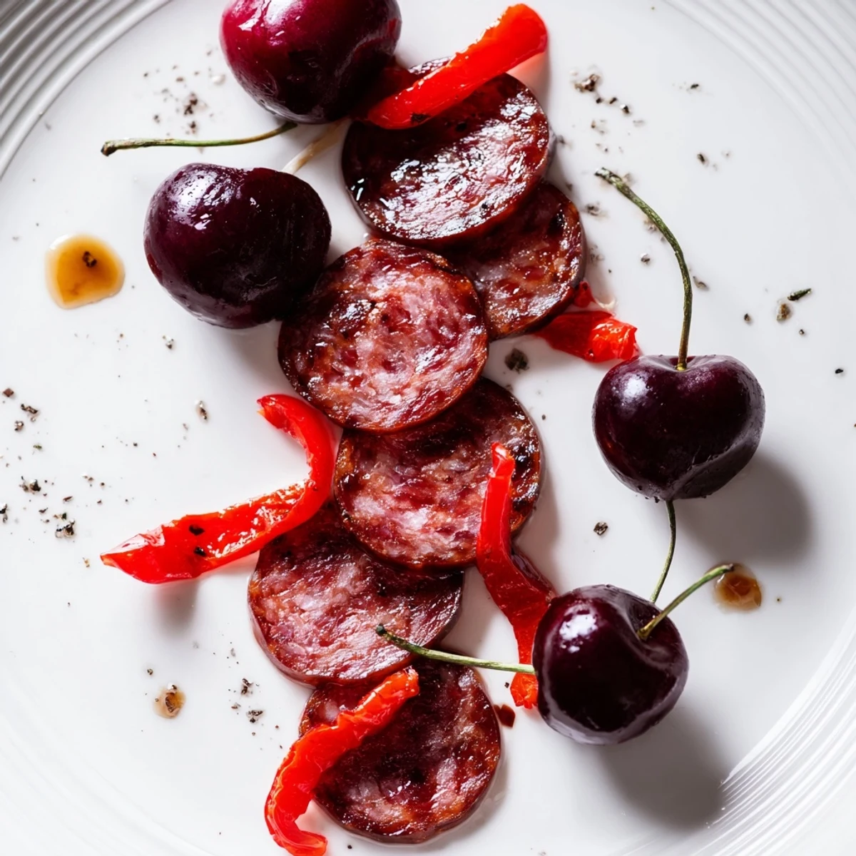 A close-up view of The Crimson Tide appetizer: Spicy chorizo, sweet cherries and peppers piled on crackers.