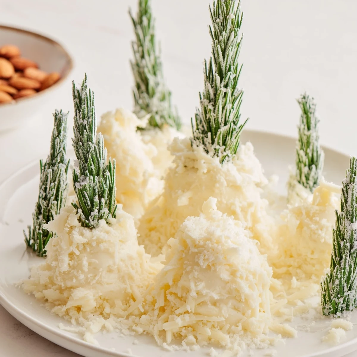 A beautifully arranged Frosted Pine cheese board with sugared rosemary "trees" and almond "pinecones".