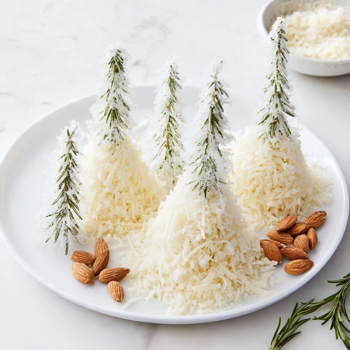 See the sugared rosemary "pines" among the white cheddar, highlighting this delightful and simple Frosted Pine platter.