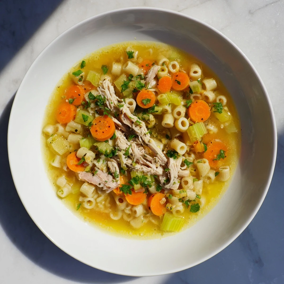 Steaming, flavorful Chicken and Ditalini Flu Fighter Soup with tender chicken, vibrant vegetables and herbs.