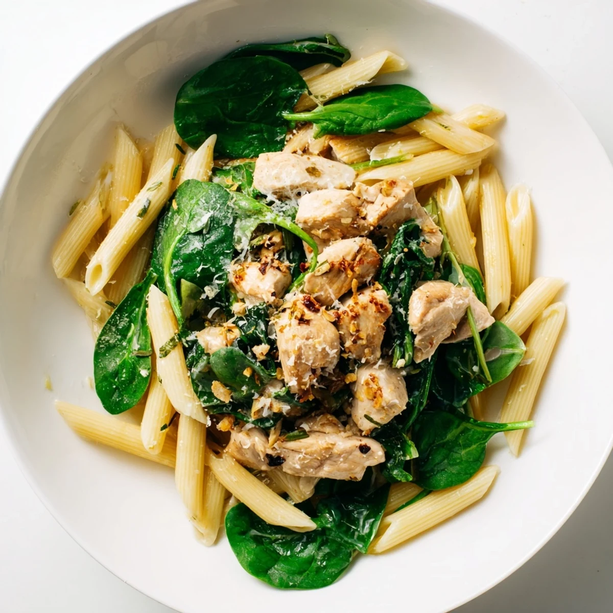 One-Pot Spinach and Chicken Pasta, a warm bowl with tender chicken and wilted spinach.