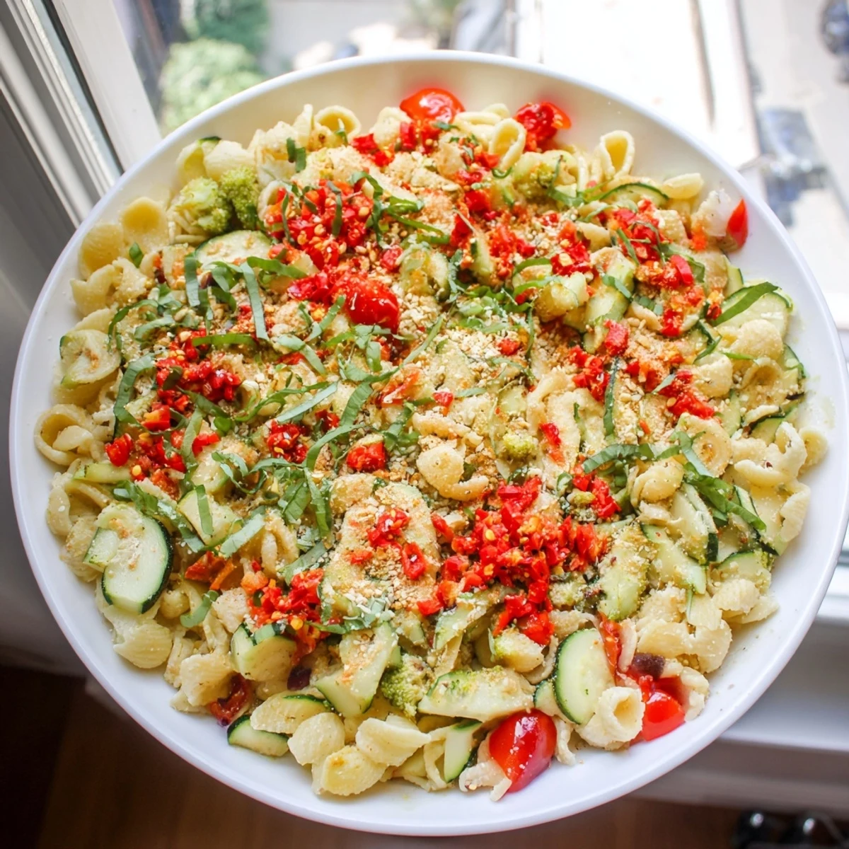 This comforting bowl of ditalini with air-fried vegetables showcases a colorful medley with fresh herbs.