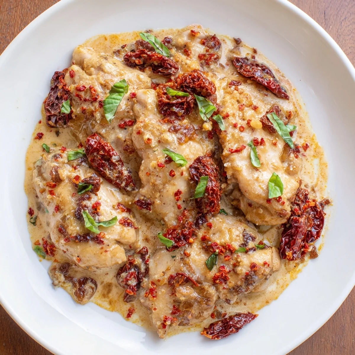 Golden-brown Marry Me Chicken Thighs swimming in a creamy, flavorful sun-dried tomato sauce ready to serve.