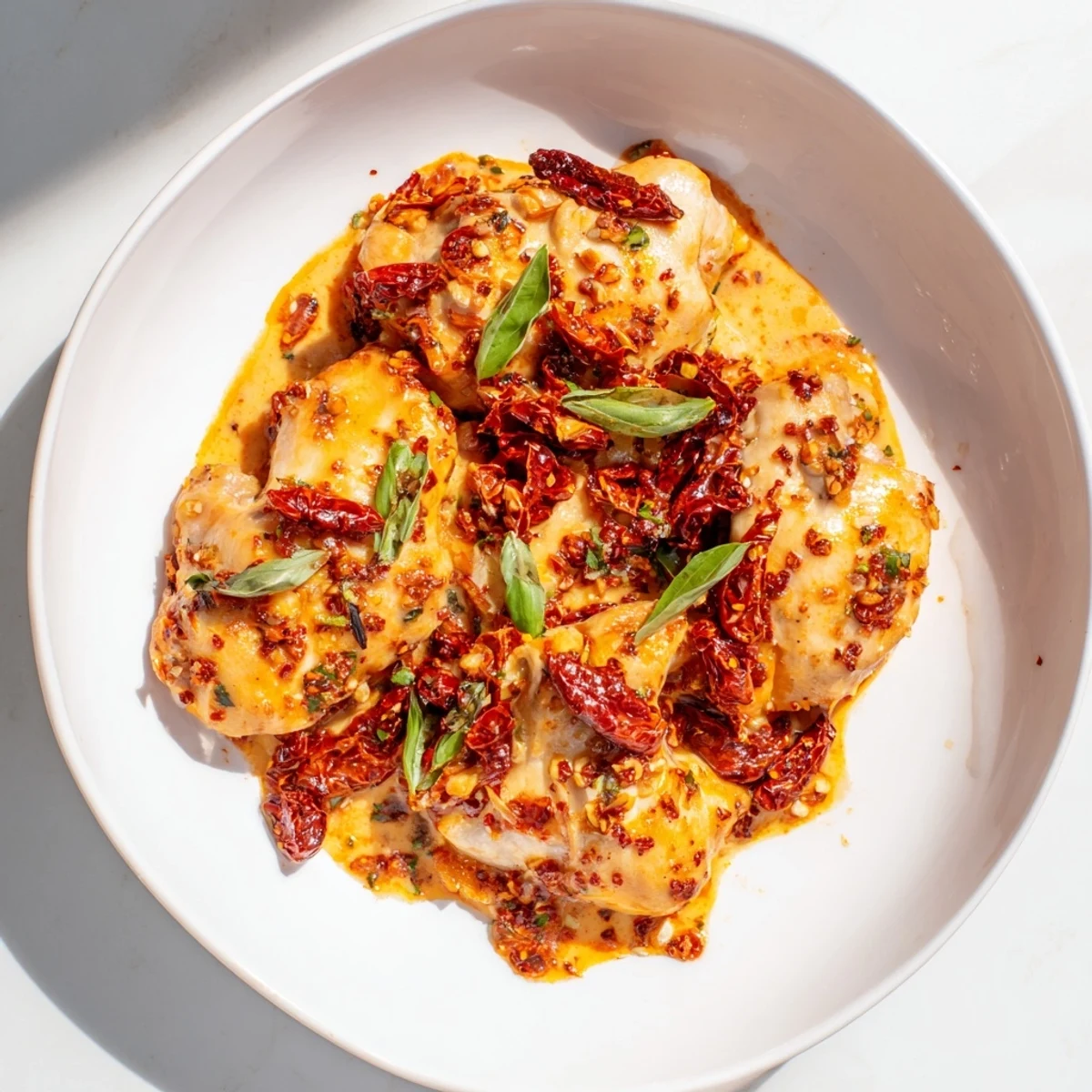 This romantic plate showcases tender Marry Me Chicken Thighs garnished with basil, ready for a comforting meal.