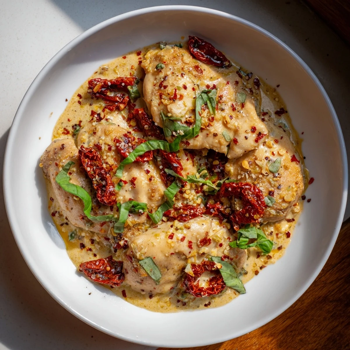 A close-up of a bubbling skillet showing the rich cream sauce coating those delicious Marry Me Chicken Thighs.