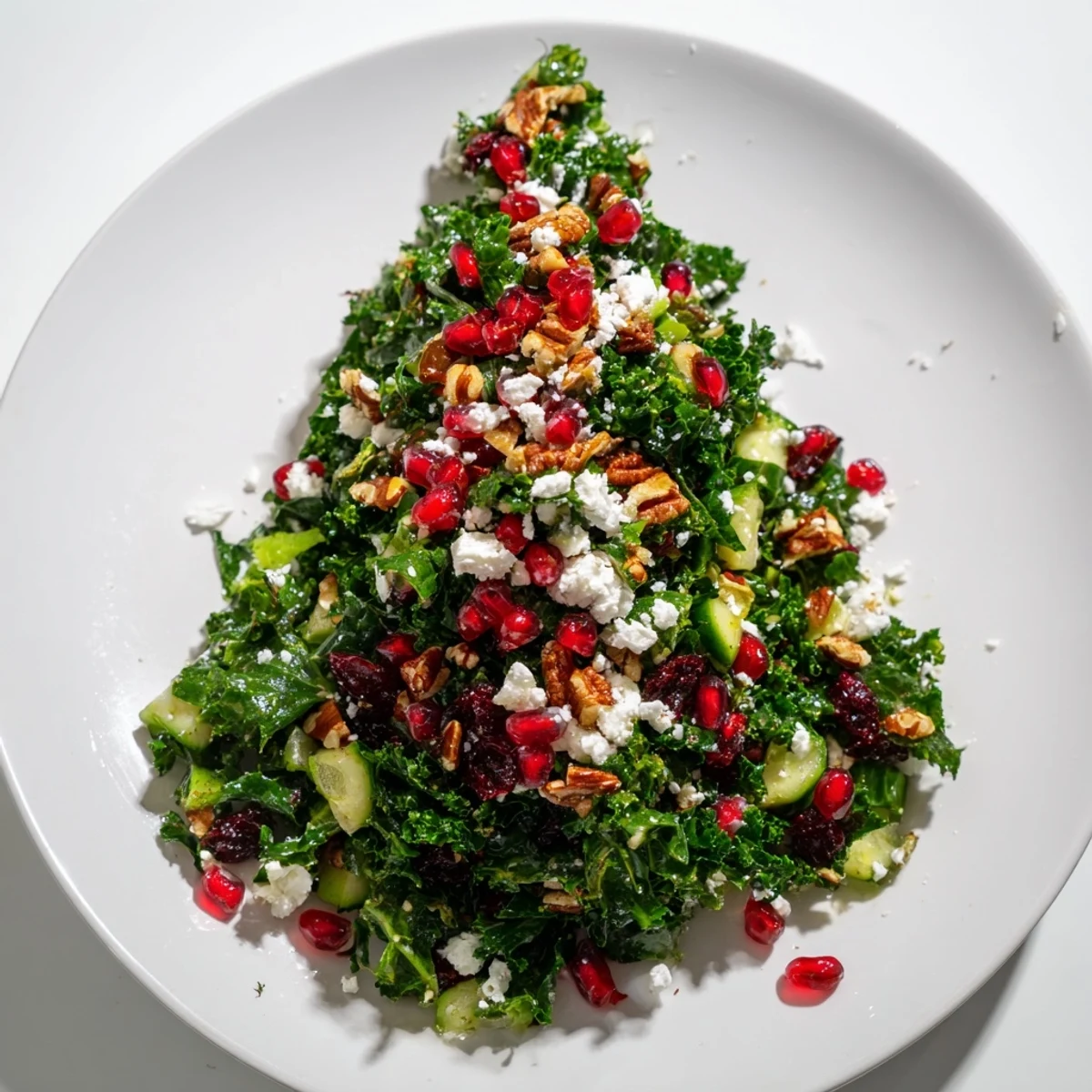 A vibrant, Christmas tree-shaped Chopped Salad, filled with fresh greens and juicy pomegranate.