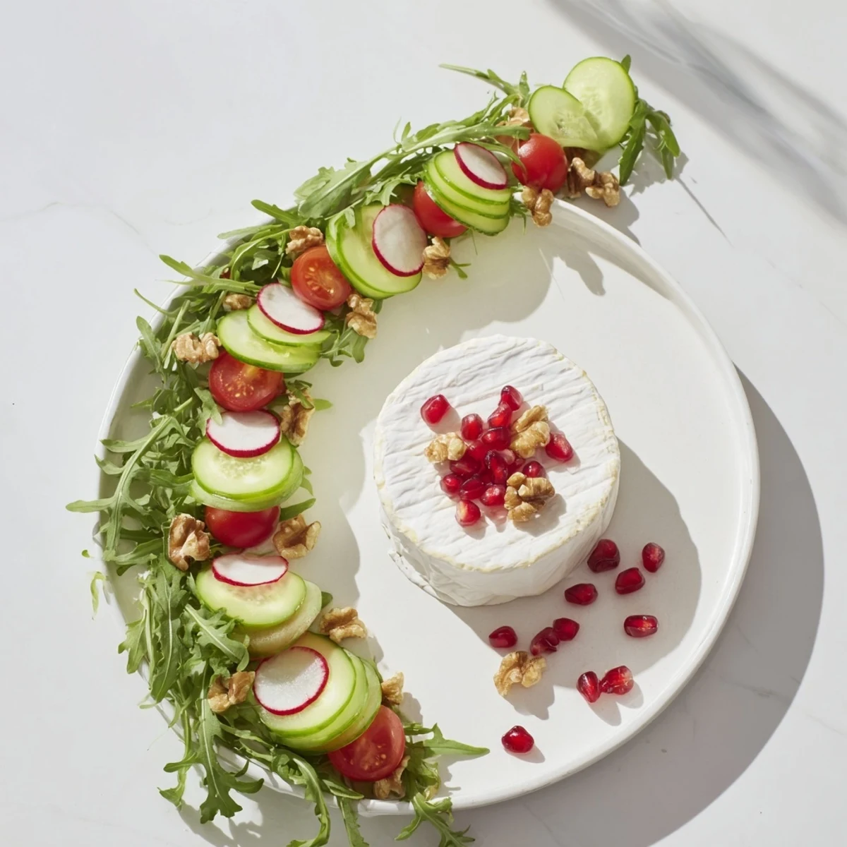 The Zenith Point salad featuring a creamy artisanal cheese wheel, beautifully arranged and ready for serving.
