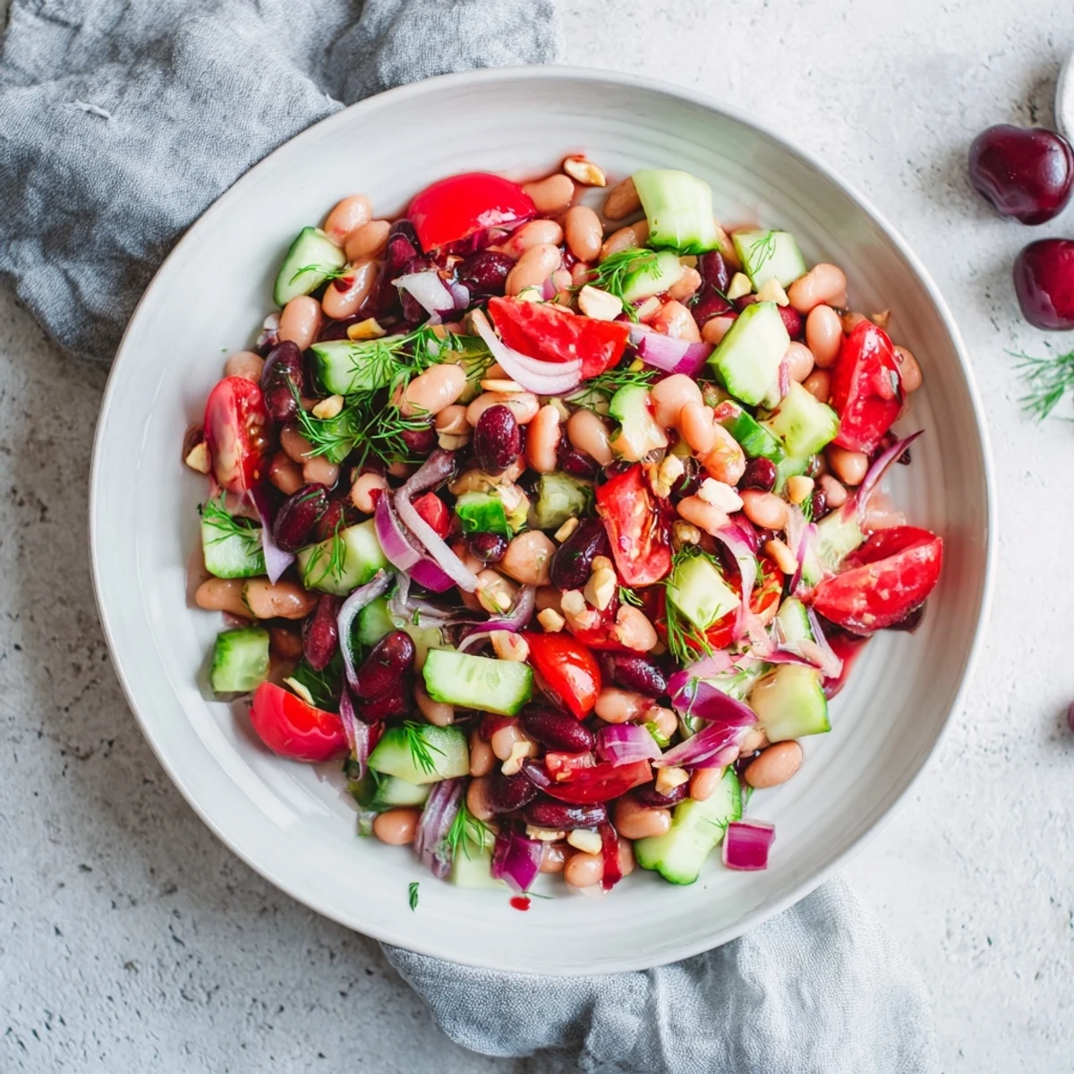 A cool, colorful photo of the Dense Bean Salad, featuring fresh veggies and feta cheese crumbles.