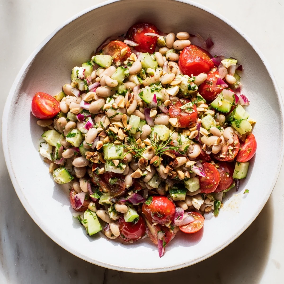 This refreshing Dense Bean Salad recipe shows healthy beans and vegetables, perfect for a light supper.