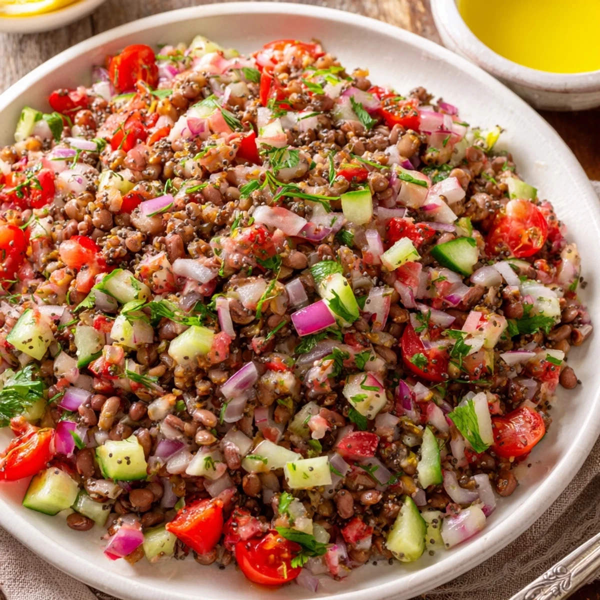 A fresh, chilled bowl of Dense Bean Salad with Wellness Seeds, perfect for a filling vegan lunch option.