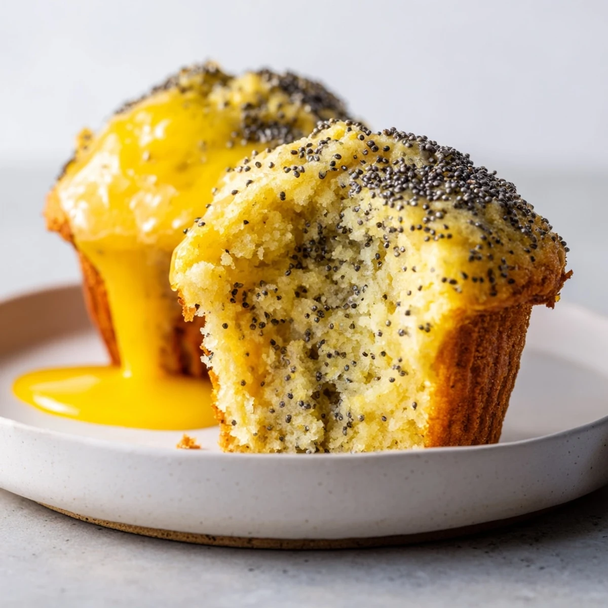 A warm close-up of delicious Lemon Poppy Seed Muffins, showcasing the moist interior and poppy seeds.