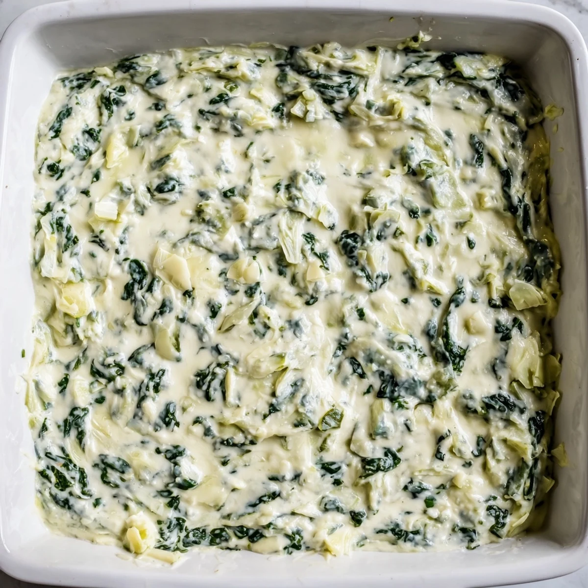 Steaming hot Cheesy Spinach Artichoke Dip, bubbling in a baking dish, ready for dipping.