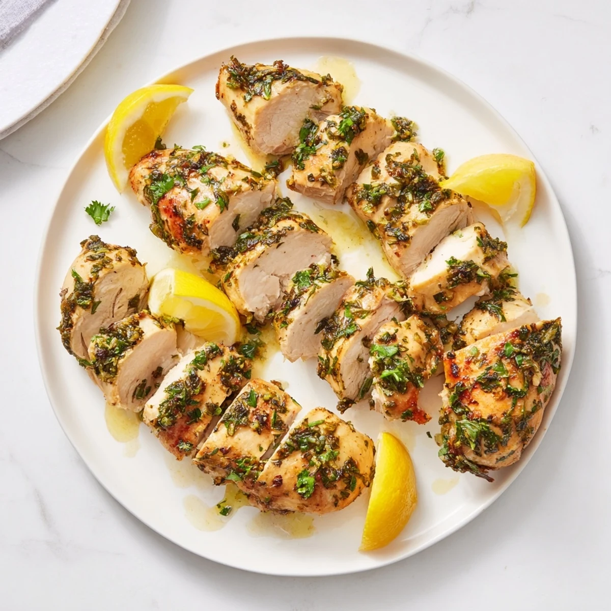 Golden-brown Greek Lemon Herb Chicken, ready to serve with fresh parsley and lemon wedges.