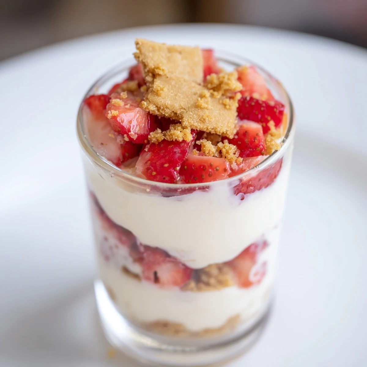 A close-up of a layered Strawberry Cheesecake Parfait showcasing crunchy cookie crumble and fresh strawberry pieces.