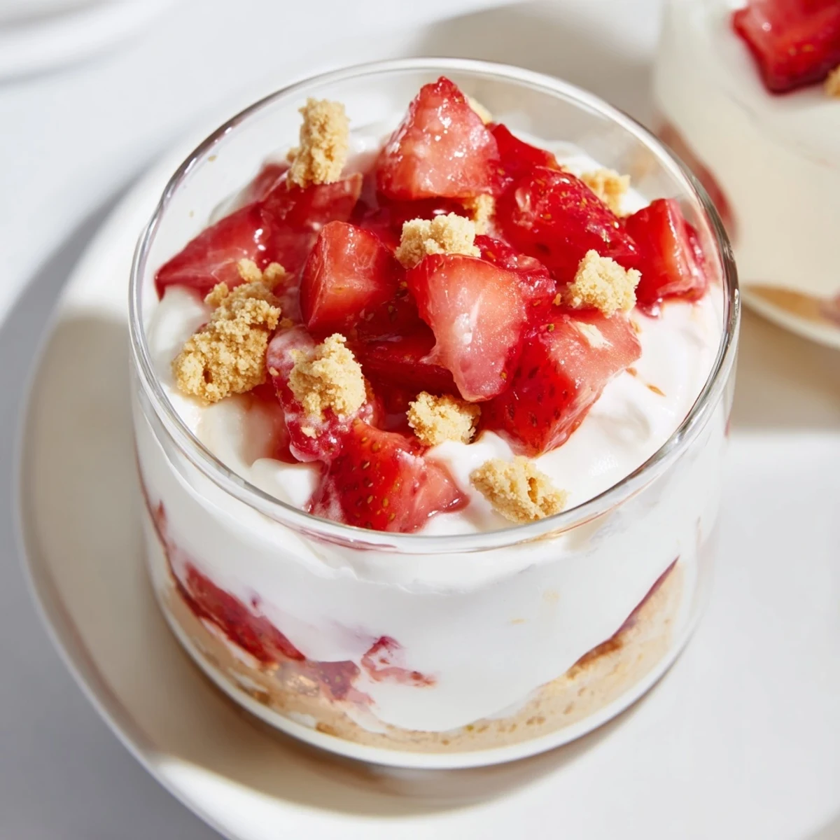 Strawberry Cheesecake Parfait layered dessert cups with vibrant red strawberries and creamy filling.