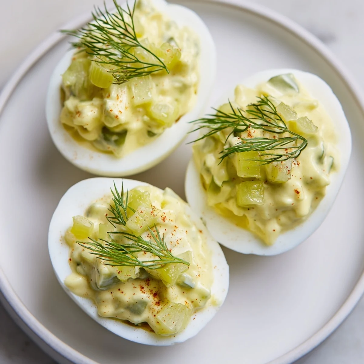 Creamy dill pickle deviled eggs, garnished with fresh dill and paprika, ready to serve.