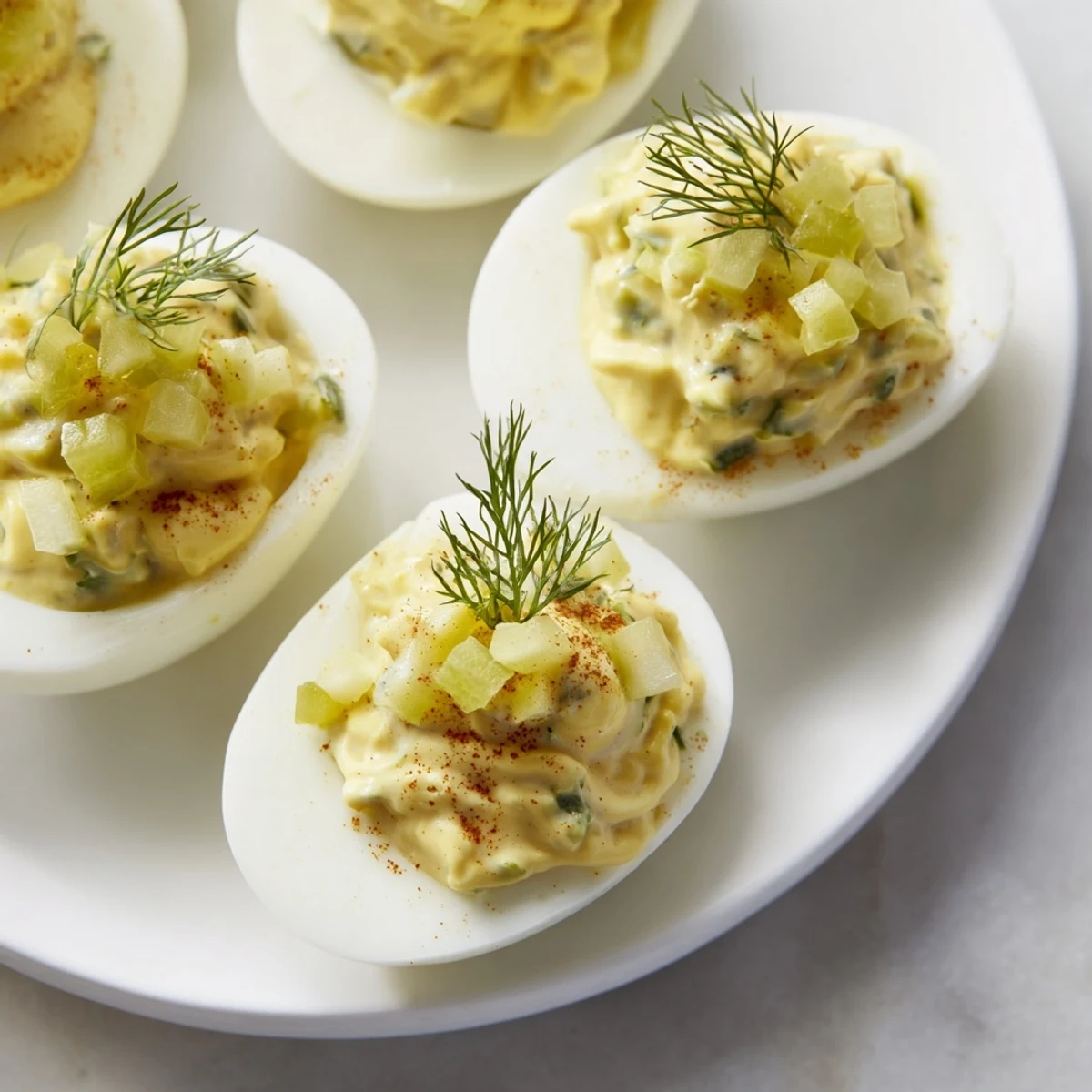 Freshly made dill pickle deviled eggs with vibrant green dill, a flavorful appetizer.
