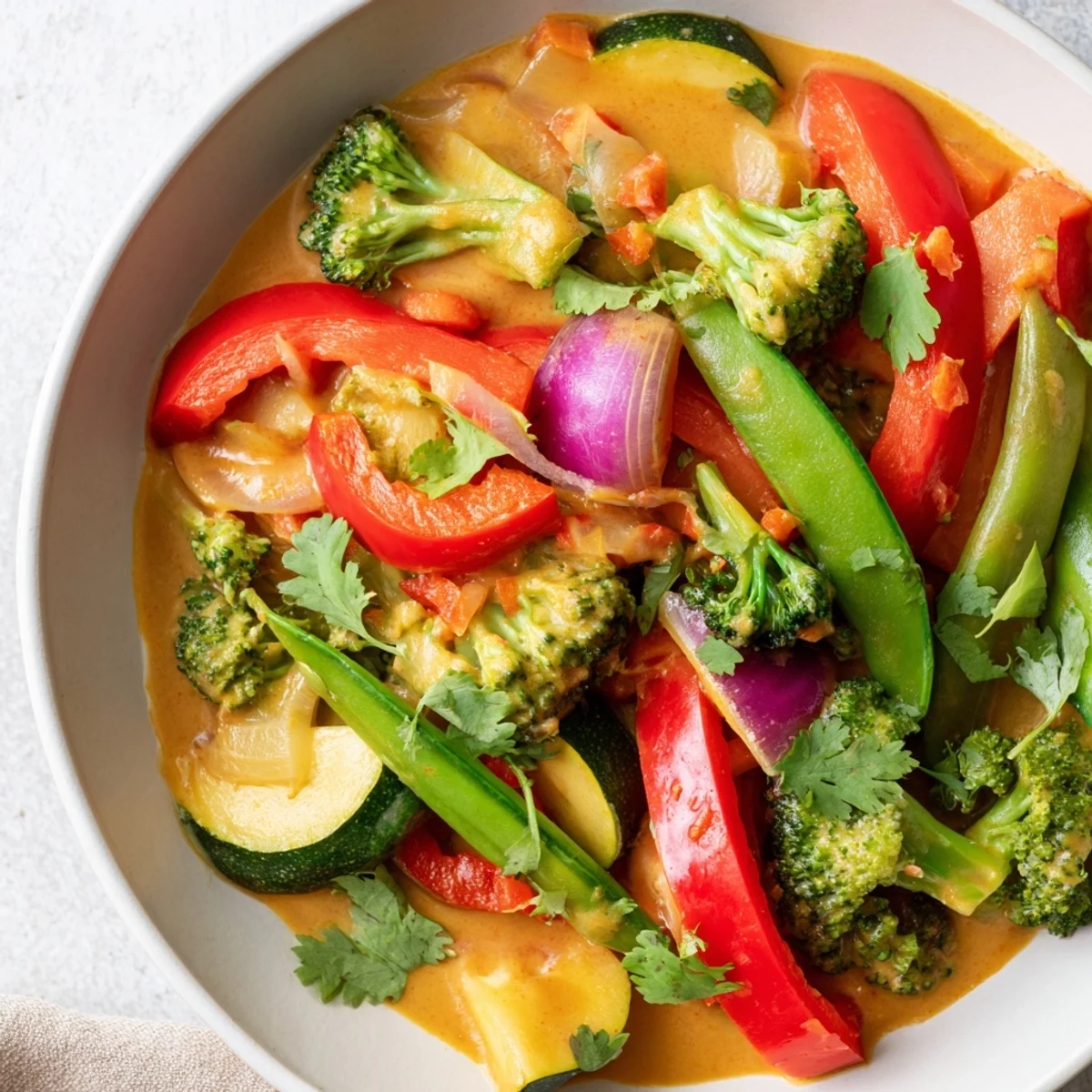 Steaming Coconut Curry Vegetables with vibrant colors and fresh cilantro garnish, a delicious vegan dish.