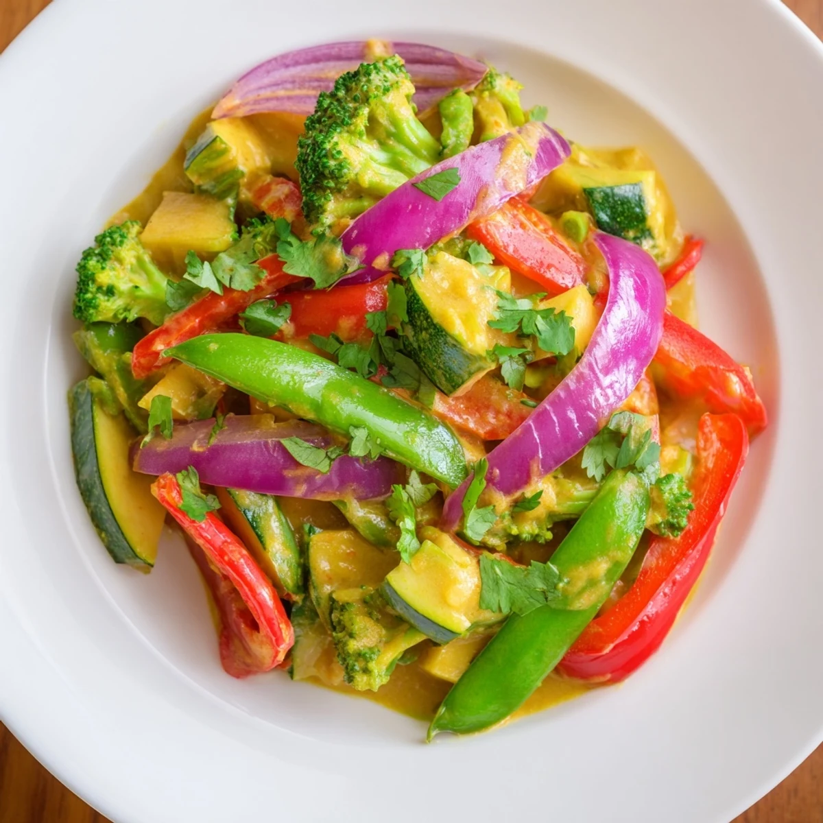 A large bowl of Coconut Curry Vegetables, featuring a creamy sauce and colorful, tender vegetables for dinner.