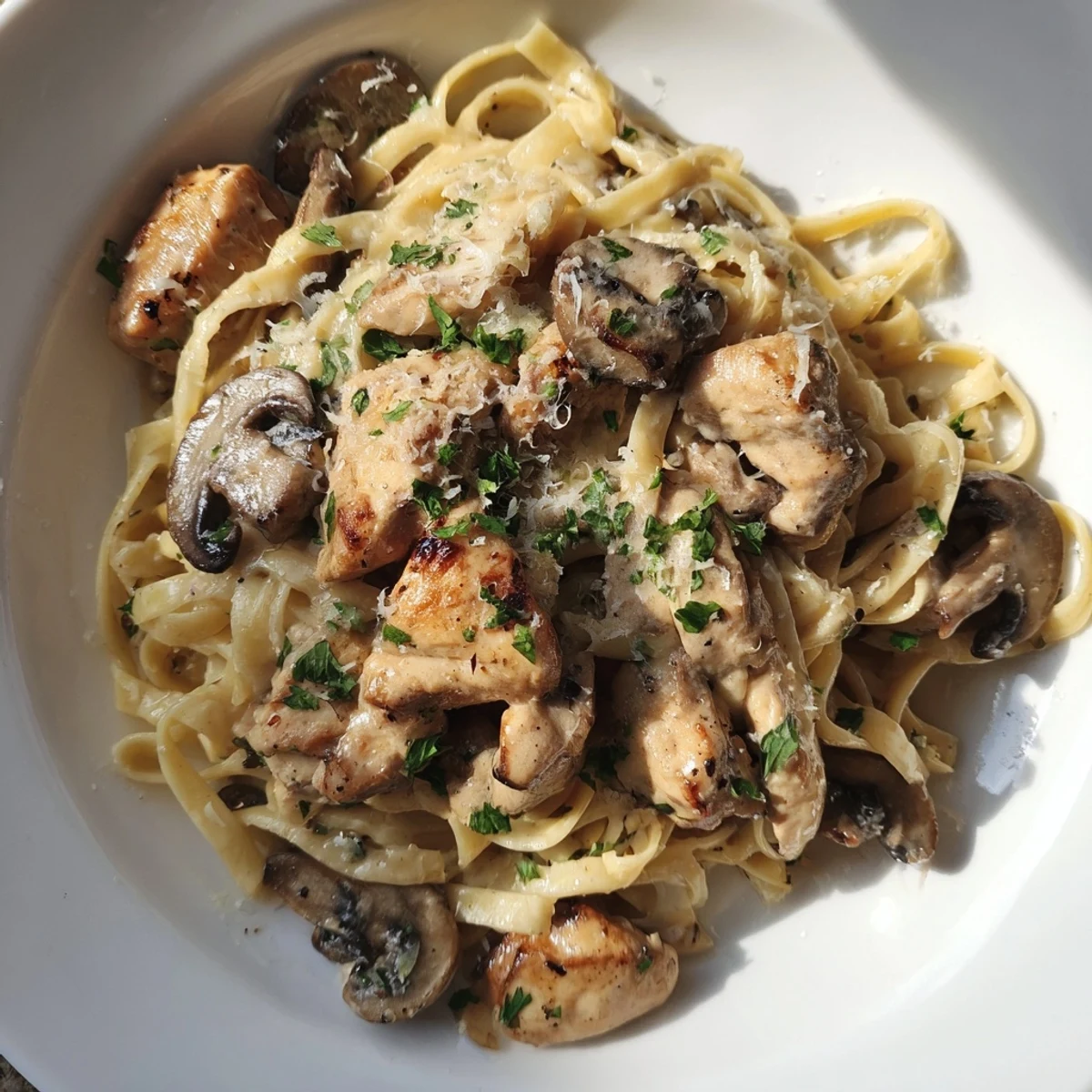 A close-up of creamy mushroom chicken pasta, rich sauce coating fettuccine and tender chicken.