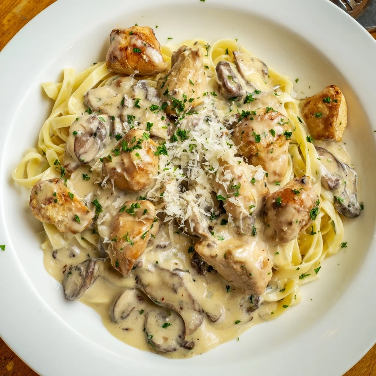 Enjoy a forkful of savory creamy mushroom chicken pasta, garnished with fresh parsley and Parmesan.