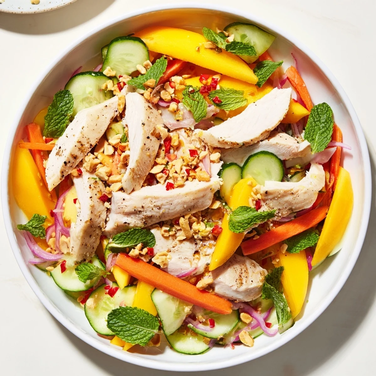 Freshly tossed Thai Mango Chicken Salad, featuring tender chicken, crunchy vegetables, and a zesty lime dressing.