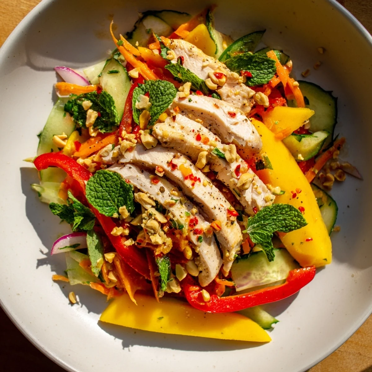 Close-up of a refreshing Thai Mango Chicken Salad, highlighting the juicy mango slices and herbs.