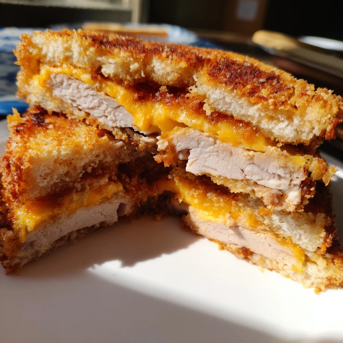 Melted cheddar oozes from the Crispy Panko Pork Chop Grilled Cheese on a golden-brown bread.