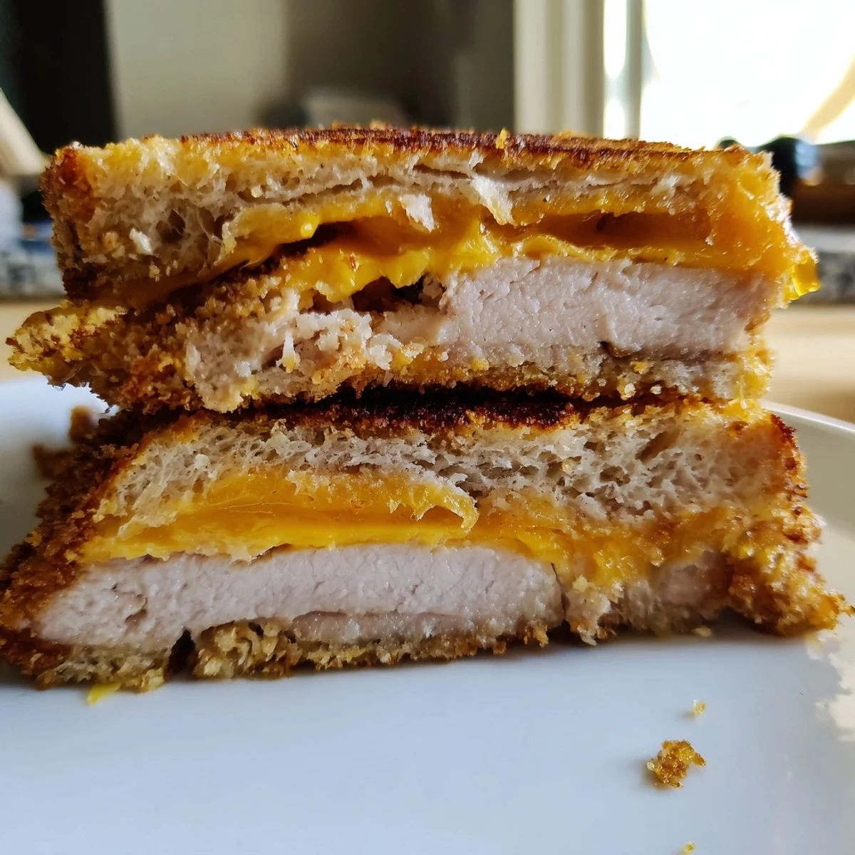 A close-up reveals a delicious Crispy Panko Pork Chop Grilled Cheese with perfectly crisp bread and savory pork.