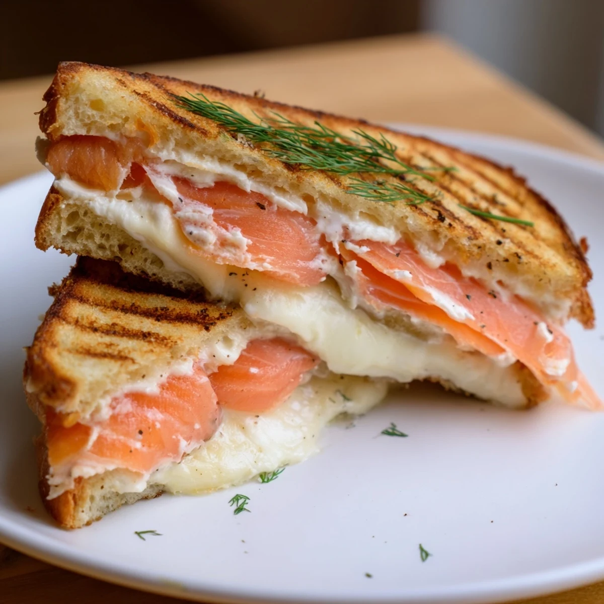 Warm, appetizing picture of a delicious Smoked Salmon Grilled Cheese, ready to be sliced and devoured.