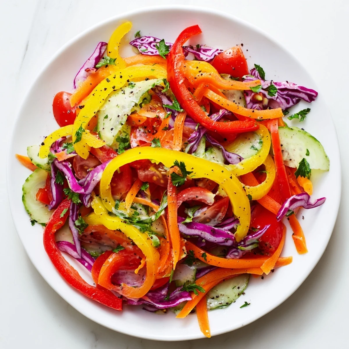Fresh rainbow salad with crisp vegetables, drizzled with creamy tahini dressing, ready to enjoy.