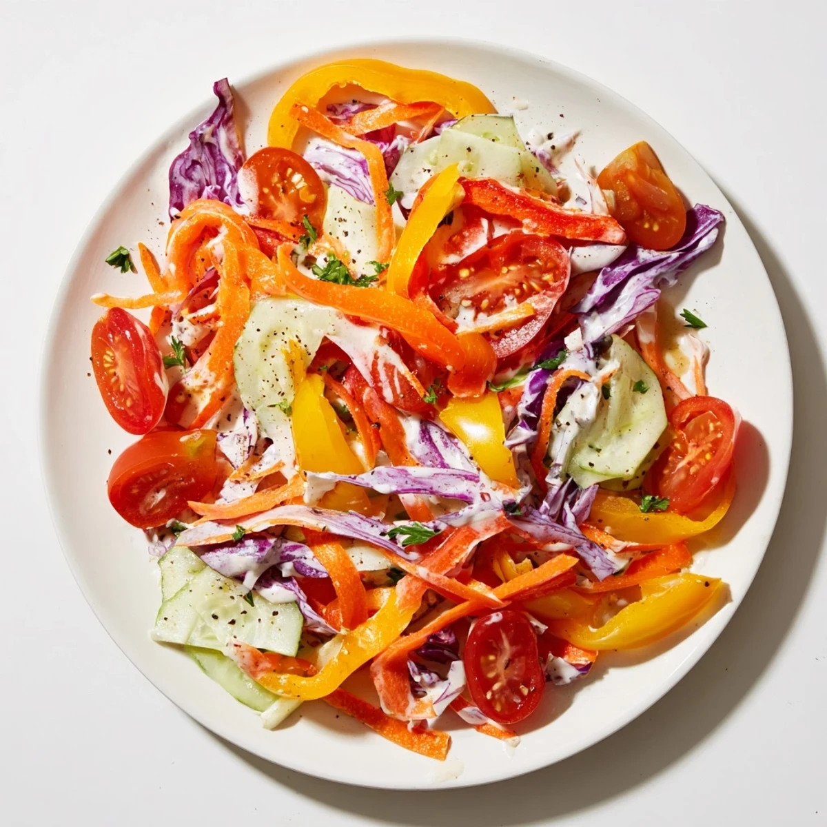 Colorful rainbow salad, featuring carrots and bell peppers, a vegan feast ready to be devoured.