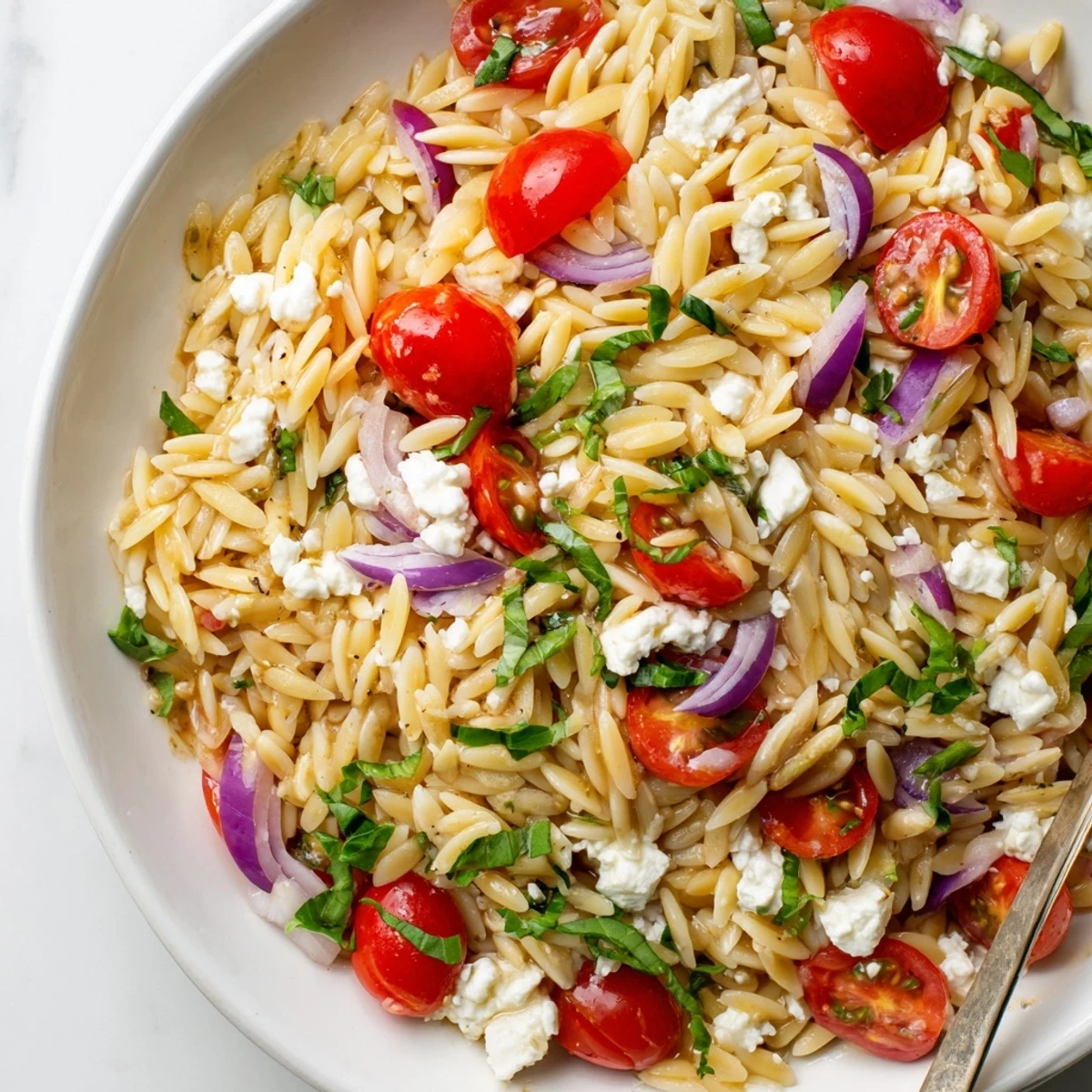 Freshly made Tomato Feta Orzo: orzo pasta tossed with tomatoes, feta and herbs, a healthy meal.