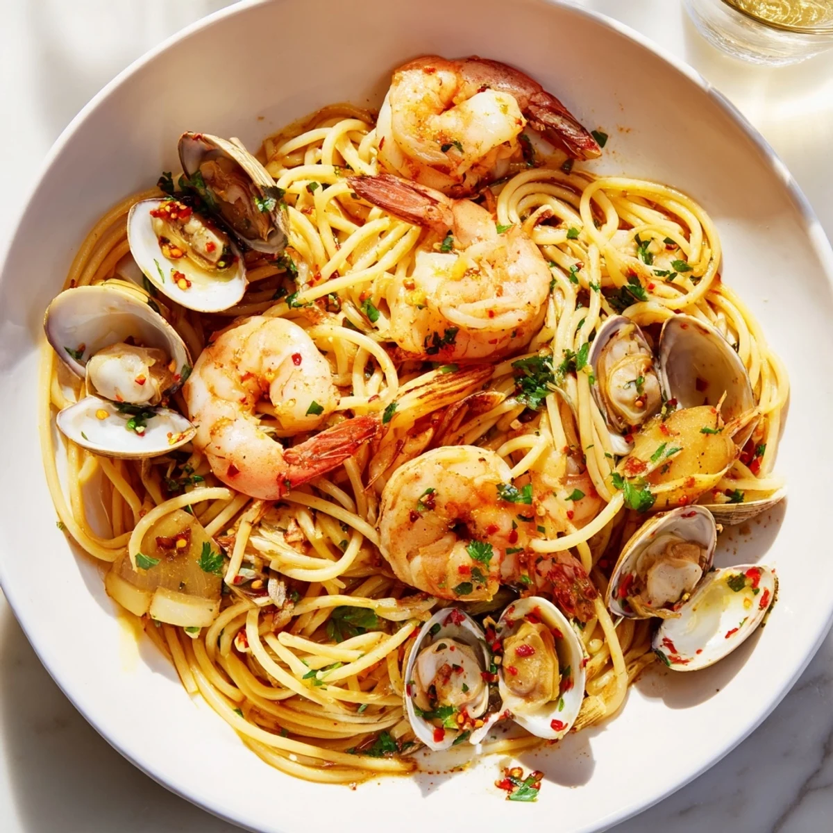Sizzling Seafood Pasta Aglio e Olio with plump shrimp nestled in garlic-infused olive oil and pasta.