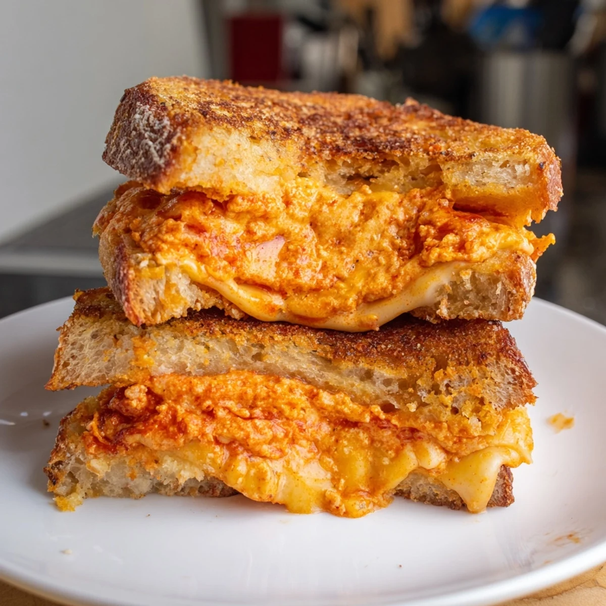 Golden brown and bubbly, a satisfying shot of Spiked Grilled Cheese with gooey cheese and crusty bread.
