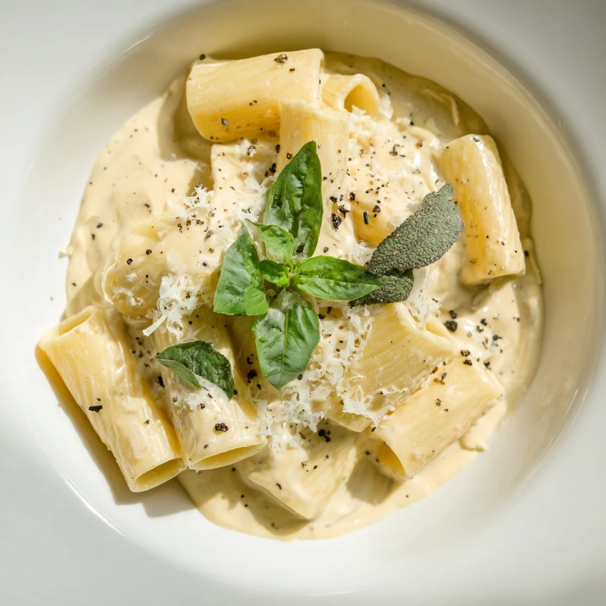 Creamy Cottage Cheese Pasta with fresh basil, ready to eat, a comforting and quick Italian-inspired meal.
