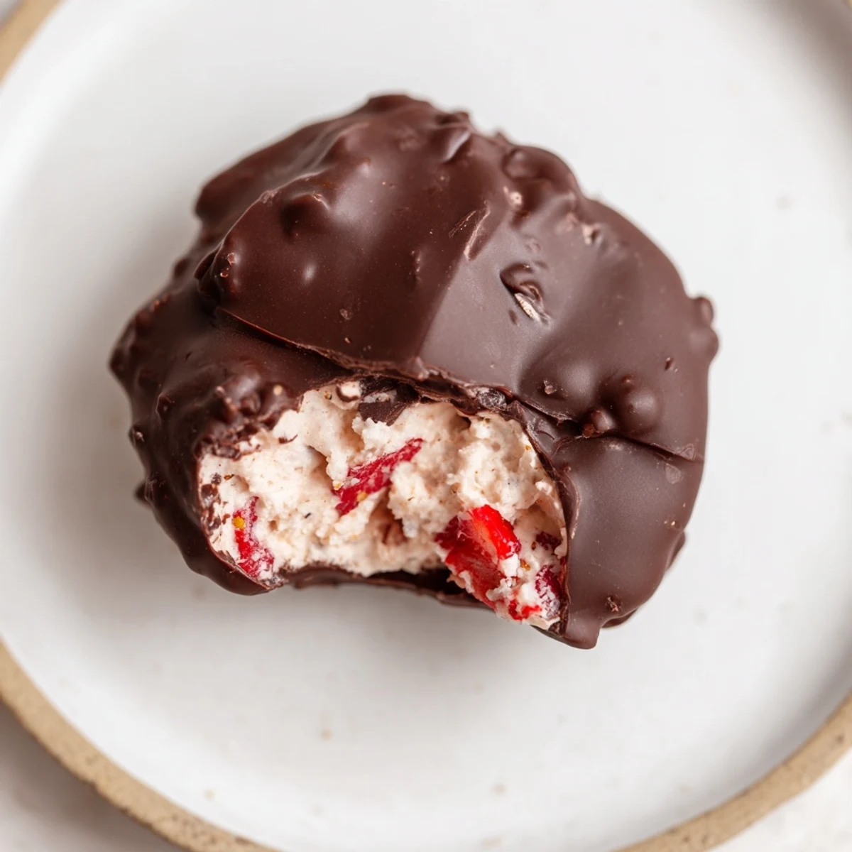 Close-up of frozen Strawberry Yogurt Clusters, showing the creamy yogurt and berry sweetness.