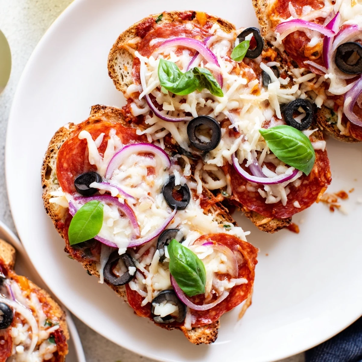 Close-up of Pizza Toast 2.0: melted cheese, toasted bread, and the aroma of Italian herbs filling the air.
