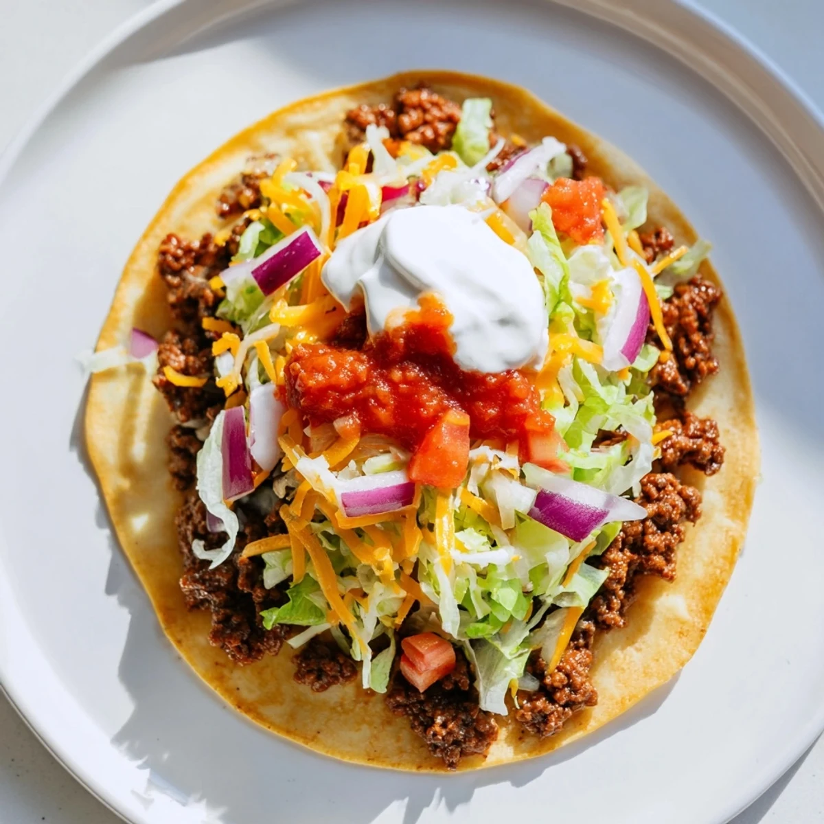 Close-up of freshly cooked Crispy Smash Tacos, with crispy beef and colorful, fresh toppings over tortillas.