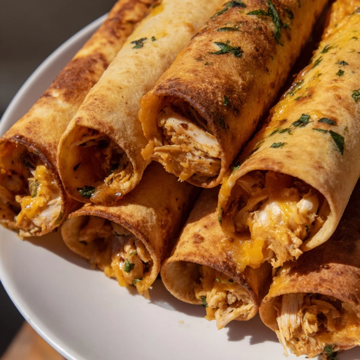 Crispy air fryer taquitos, golden brown from the air fryer, ready to be topped with fresh cilantro and salsa.
