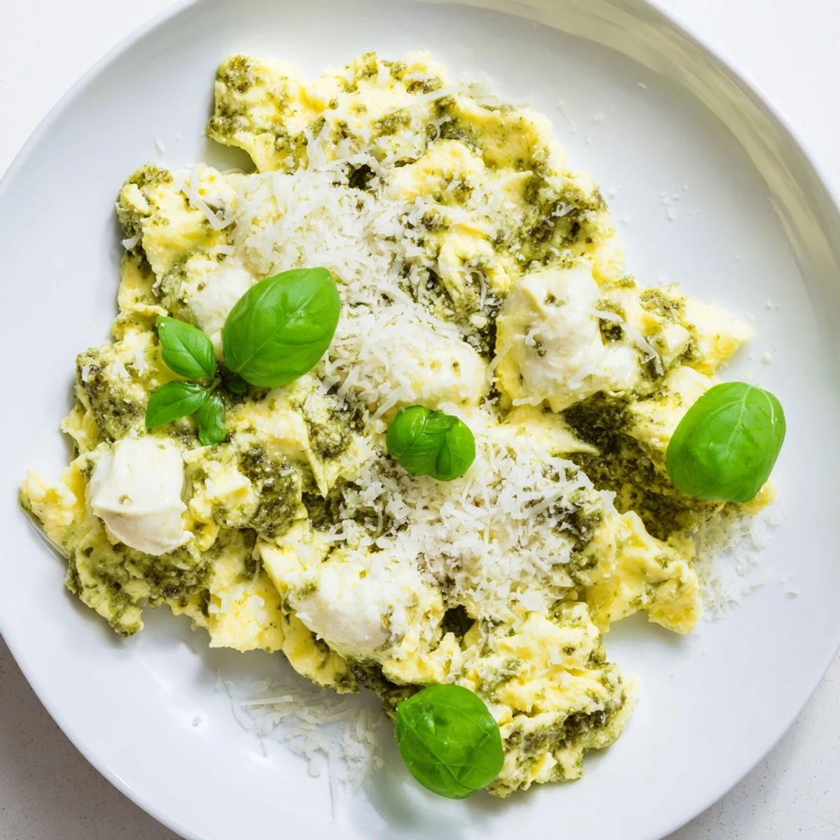 Fluffy pesto cottage cheese eggs, a vibrant breakfast, garnished with fresh basil and Parmesan cheese.