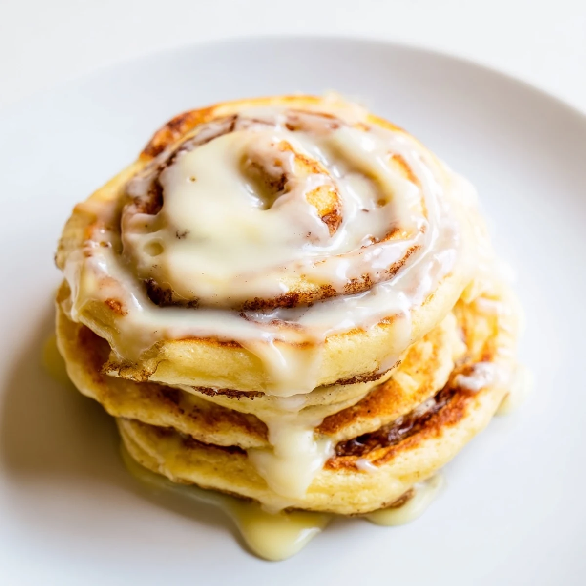Fluffy, golden Cinnamon Roll Pancakes drizzled with sweet cream cheese glaze, a perfect brunch.