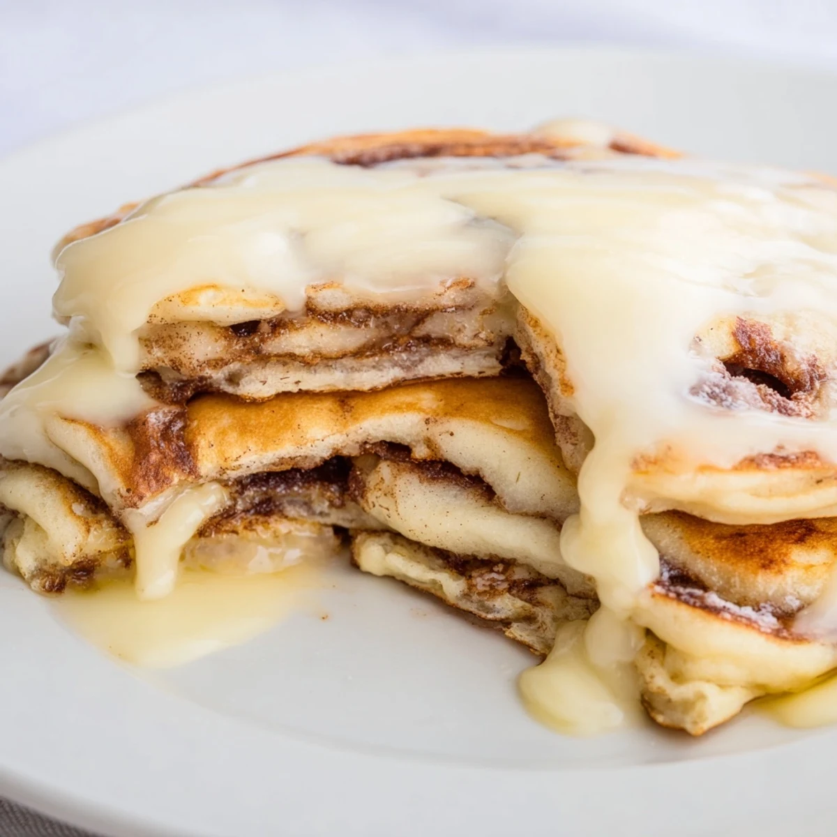 Warm Cinnamon Roll Pancakes, swirled with cinnamon, offering a decadent breakfast experience.